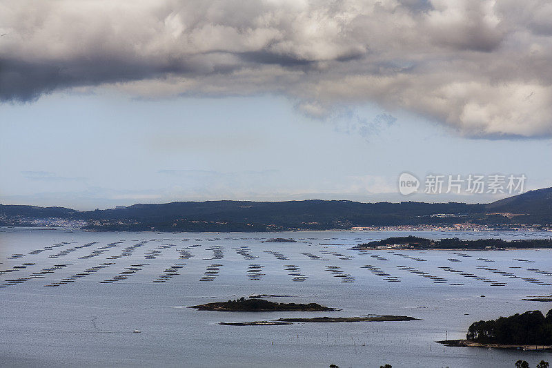 Ría de Arousa bateas from viewpoint, Galicia, Spain.